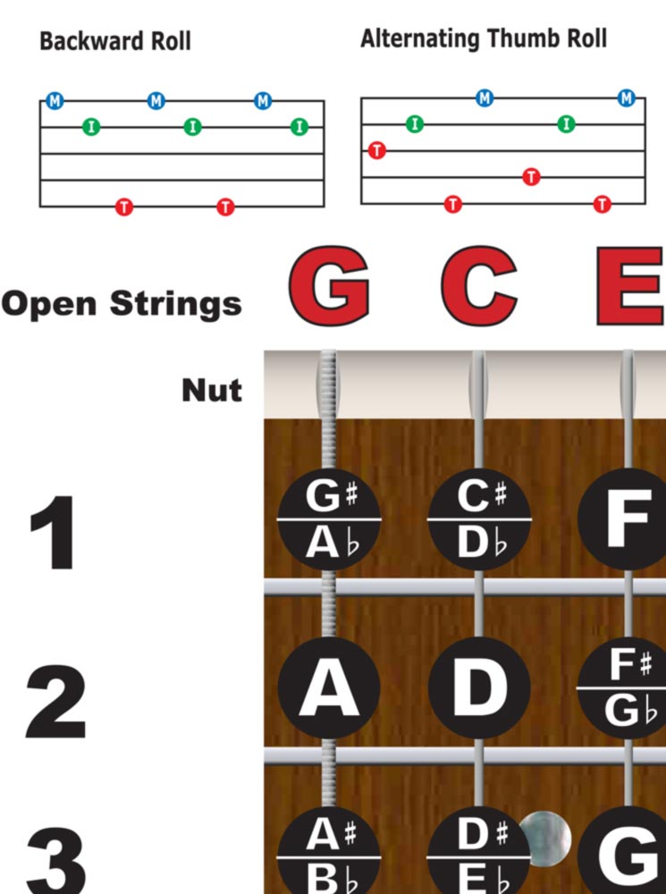 Banjo Open C Tuning Fretboard, Chord & Rolls Poster for Travel or