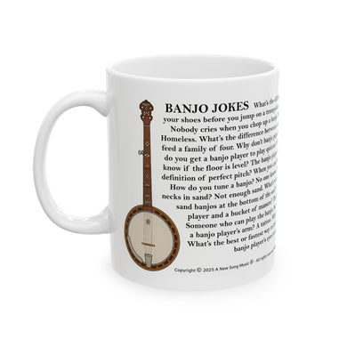 White mug with banjo illustration and banjo jokes text on a white background