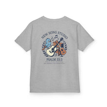 Load image into Gallery viewer, New Song Studio Kids Sizes T-Shirt — Guitar &amp; Bird Camp Tee Psalm 33:3 Shirt ("Music Camp" design)