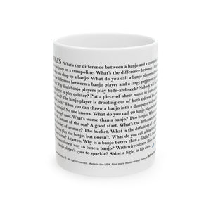 White mug with banjo illustration and banjo jokes text on a white background