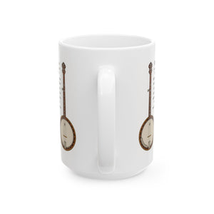 White mug with banjo illustration and banjo jokes text on a white background