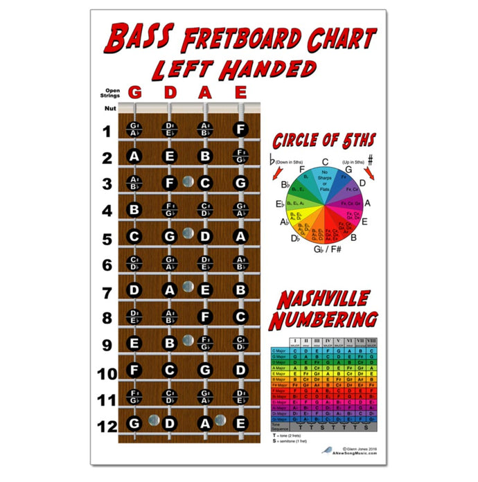 Left Handed String Bass Fretboard Poster – Nashville Numbers & Circle of 5ths Charts