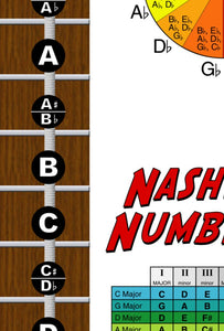 Left Handed String Bass Fretboard Poster – Nashville Numbers & Circle of 5ths Charts