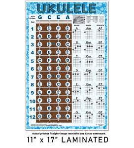 Easy Ukulele Chord Chart & Notes Poster - Various Colors