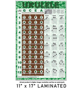 Easy Ukulele Chord Chart & Notes Poster - Various Colors