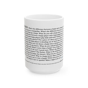 White mug with banjo illustration and banjo jokes text on a white background