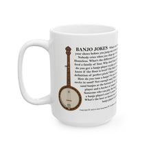 Load image into Gallery viewer, White mug with banjo illustration and banjo jokes text on a white background