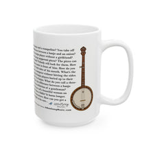Load image into Gallery viewer, White mug with banjo illustration and banjo jokes text on a white background