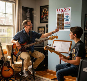 4 String Bass Fretboard Poster – BLUE - Nashville Numbers & Circle of 5ths Charts