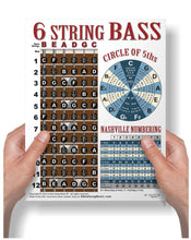 Load image into Gallery viewer, 6 String Bass Fretboard Poster – BLUE - Nashville Numbers &amp; Circle of 5ths Charts