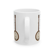 Load image into Gallery viewer, White mug with banjo illustration and banjo jokes text on a white background