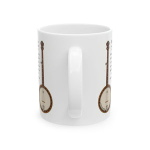 White mug with banjo illustration and banjo jokes text on a white background