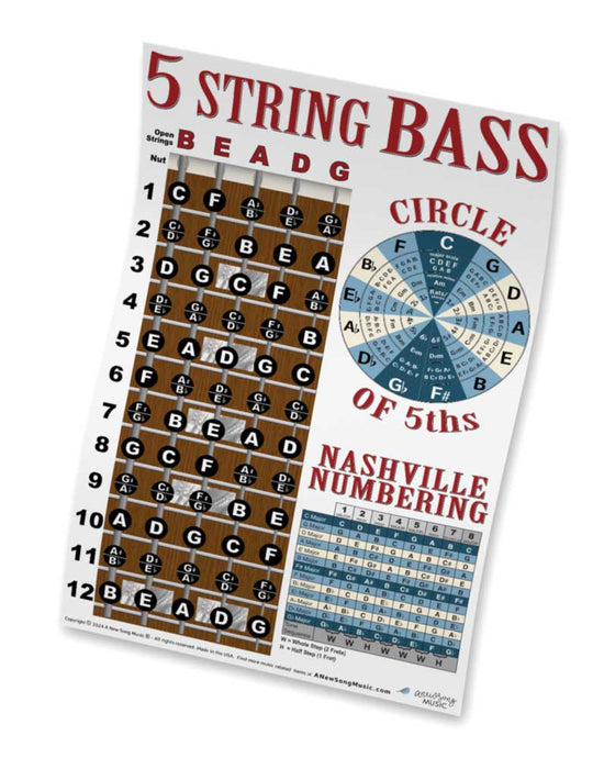 5 String Bass Fretboard Poster – BLUE -  Nashville Numbers & Circle of 5ths Charts