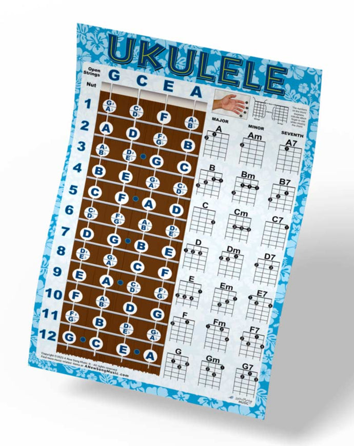 Easy Ukulele Chord Chart & Notes Poster - Various Colors