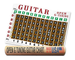 Guitar tuning chart with letter names and Open G tuning information, made in the USA.