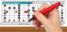 Load image into Gallery viewer, Lap Steel G Low Bass tuning DGDGBD Major Minor Pentatonic Mixolydian Blues Scales Fretboard Notes Hand holding a red dry erase marker pointing to a music theory chart on a wooden surface. Dry 