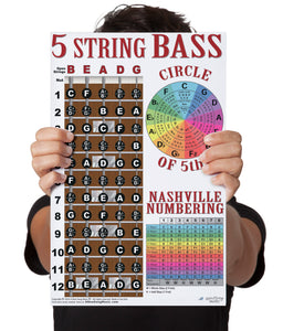 5 String Bass Fretboard Poster – MULTI COLOR -  Nashville Numbers & Circle of 5ths Charts