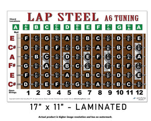 Laminated A6 Lap steel guitar chord chart with tuning information on a white background