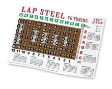 Load image into Gallery viewer, A lap steel tuning chart for C6 tuning, designed for left-handed players. The chart features a grid of black and white steel bars over a brown wood-grain background, with colored letter headers (C, E, G, B) and instructional notes on a white background.