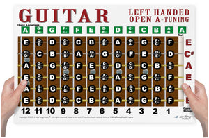 Left-handed guitar open A-tuning chart held by hands against a white background