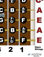 Load image into Gallery viewer, Guitar fretboard with labeled strings and open strings on a white background