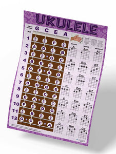 Easy Ukulele Chord Chart & Notes Poster - Various Colors