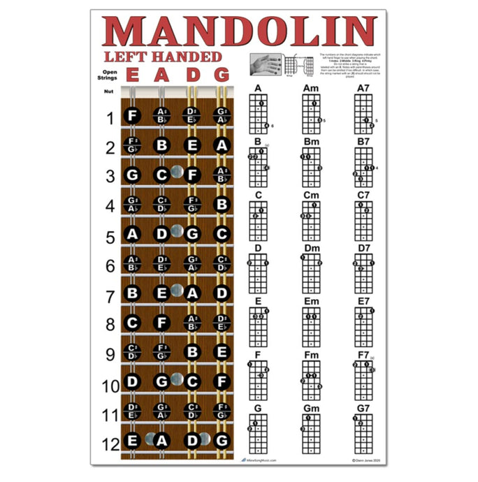 Left Handed Mandolin Fretboard and Chord Poster