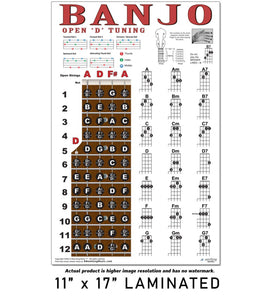 Banjo Open D Tuning Fretboard, Chord & Rolls Poster for Travel or Mini Banjos