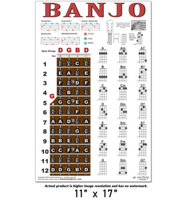 Banjo Poster - Chords Rolls Fretboard Notes - Open G Tuning Easy Beginner Instructional Chart | A New Song Music