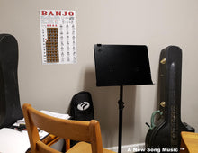 Load image into Gallery viewer, 80lb Glossy Cover Stock 837654692653 Laminated Glossy Cover Stock 715706752404 © 2022, A New Song Music ™ Made in the USA banjo bango banjer Poster chart easy chords chord notes note frets fretboard rolls roll beginner beginning learn how play instruction wall bluegrass how 5 string strings beginning book map reference roadmap clawhammer frailing 3 finger scruggs kids usa america 