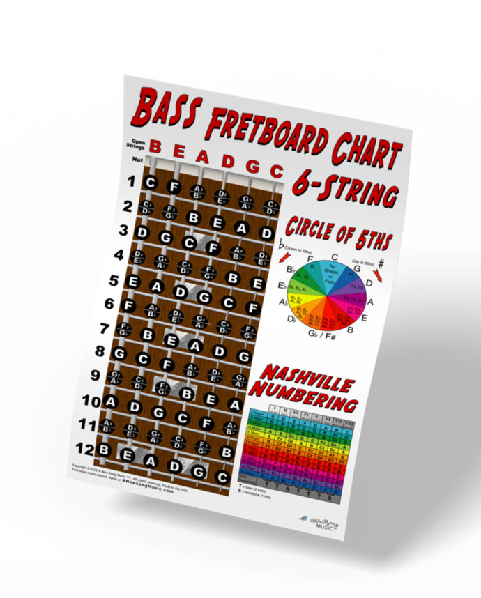 6 String Bass Fretboard Poster – Nashville Numbers & Circle of 5ths Charts