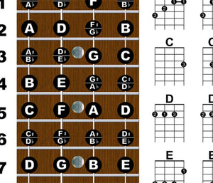 Easy Ukulele Chord Chart & Notes Poster - Various Colors
